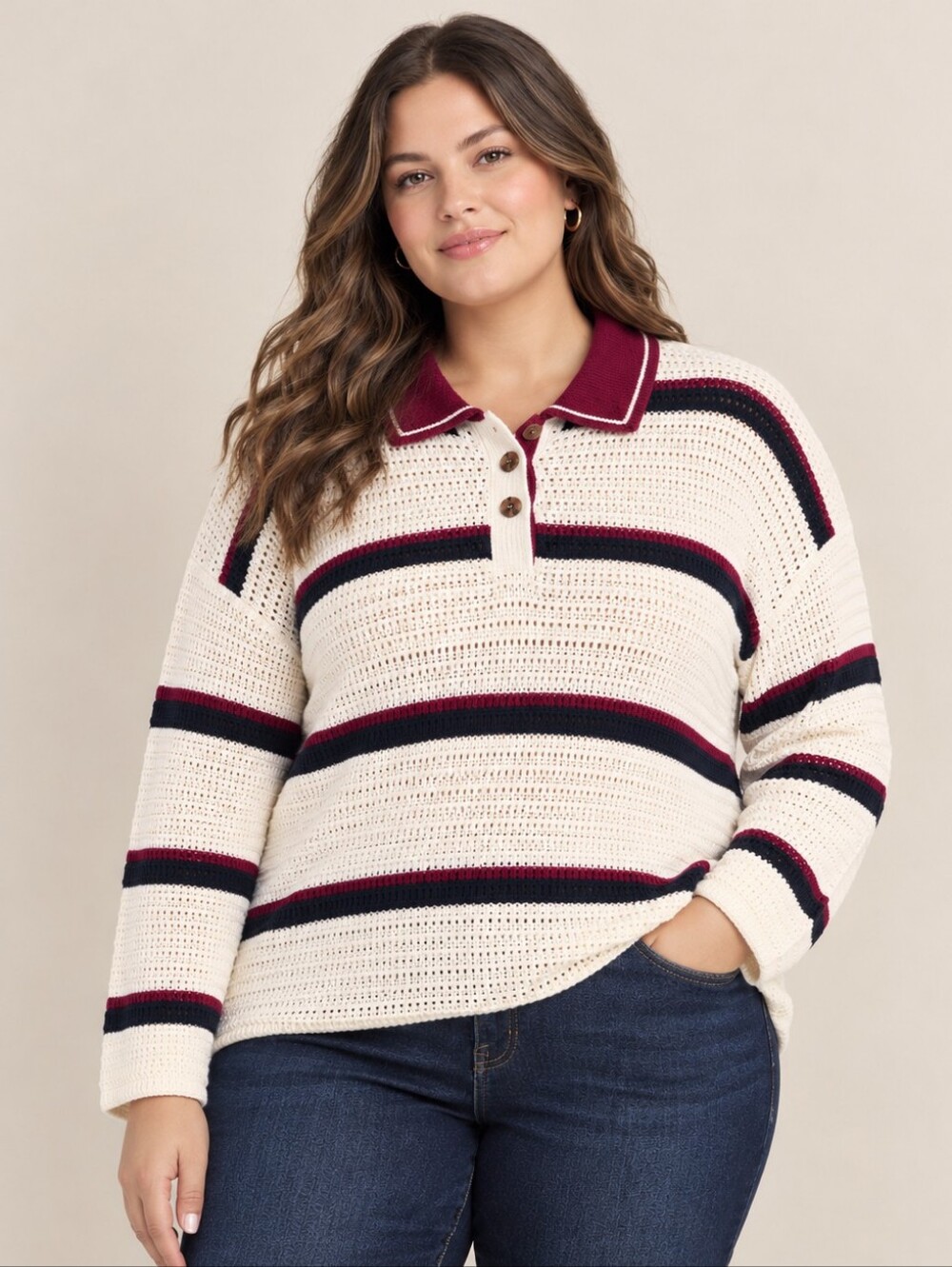 Penningtons Responsible Cotton PullOver Sweater Snow White Burgundy Navy Size 2X